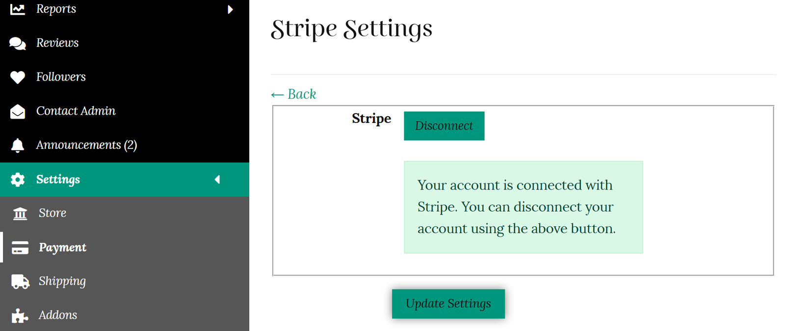 Account connected to Stripe message