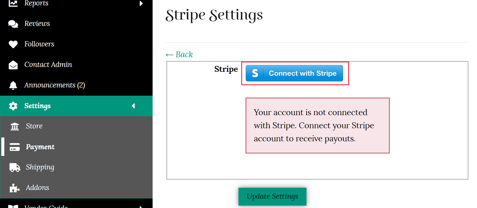 Connect with Stripe button to receive payments