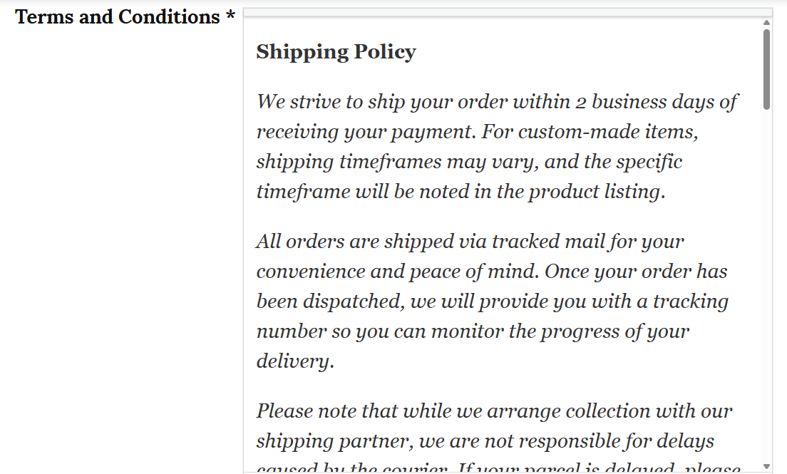 Terms and conditions section
