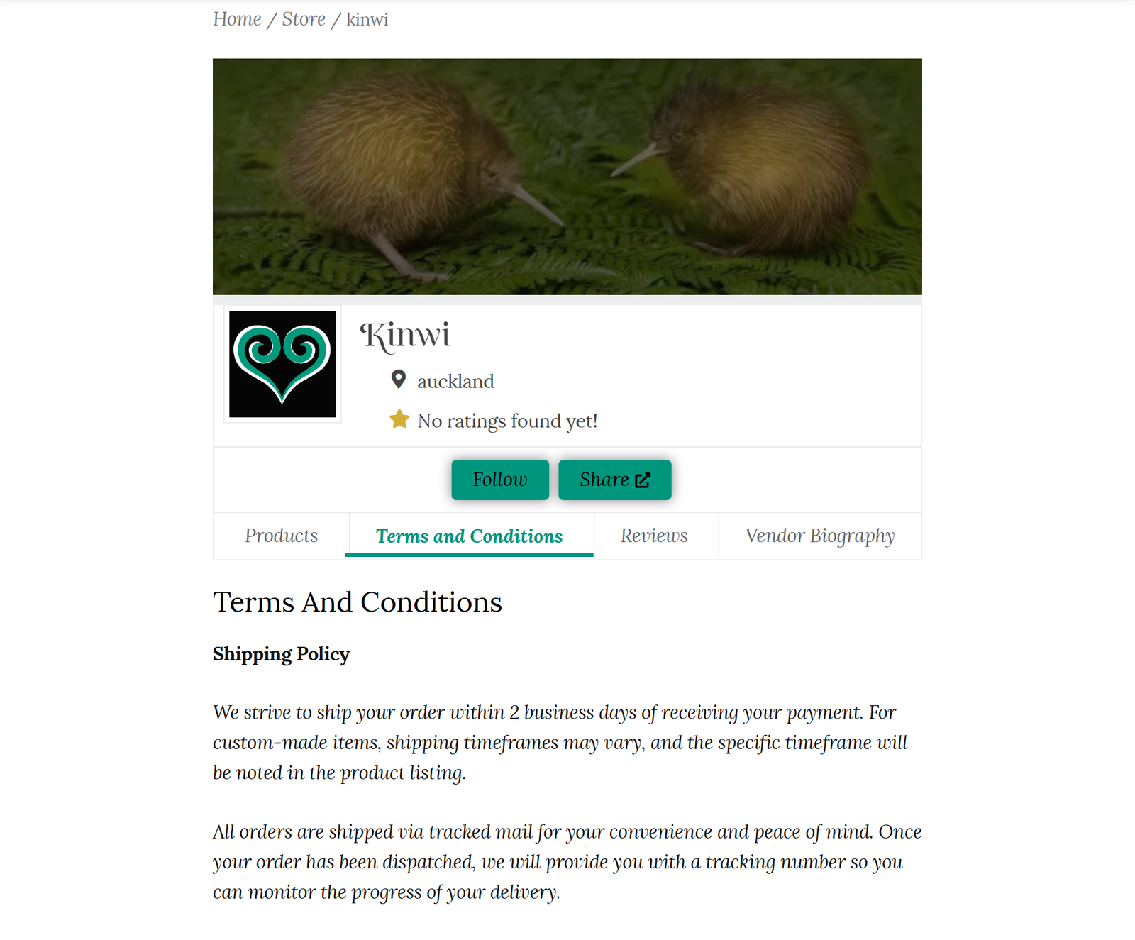 Terms and conditions tab on store