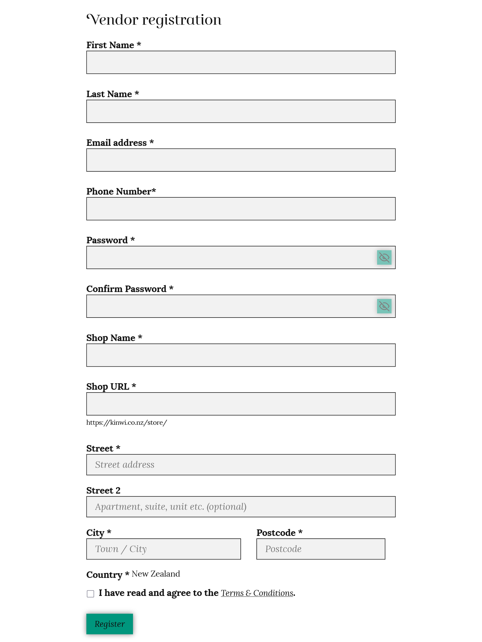 Vendor registration form