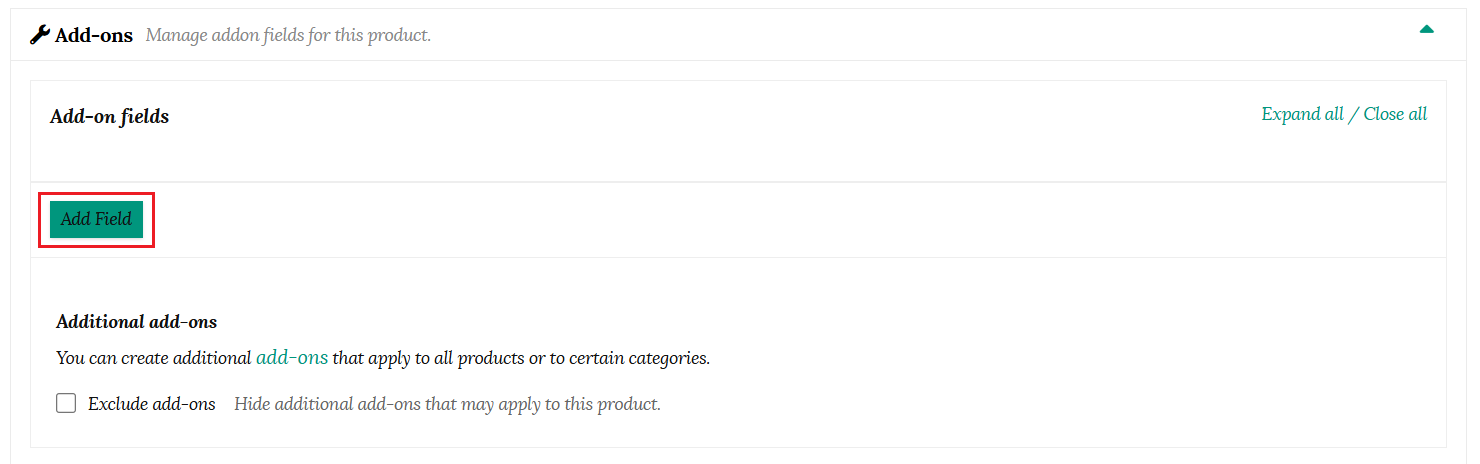 Add Field button in product addon