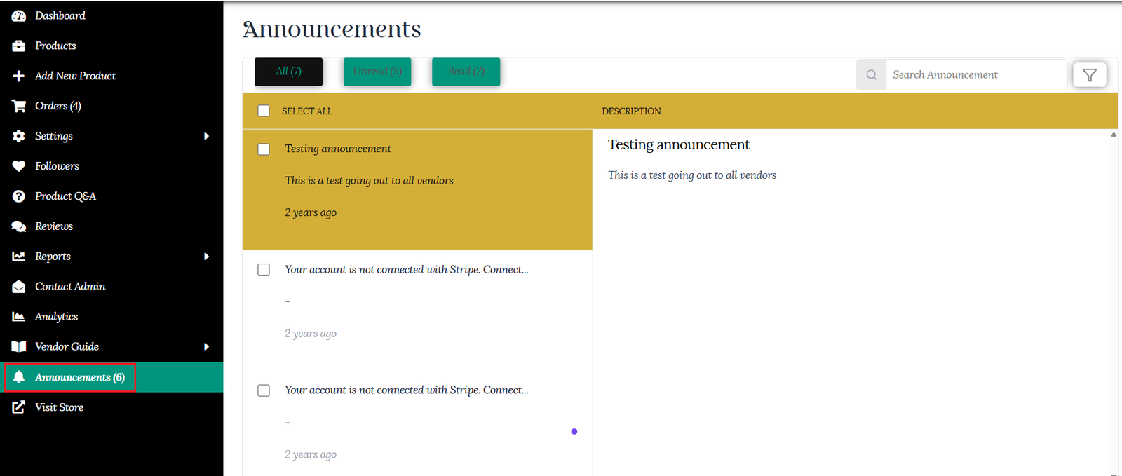 Announcements in vendor dashboard
