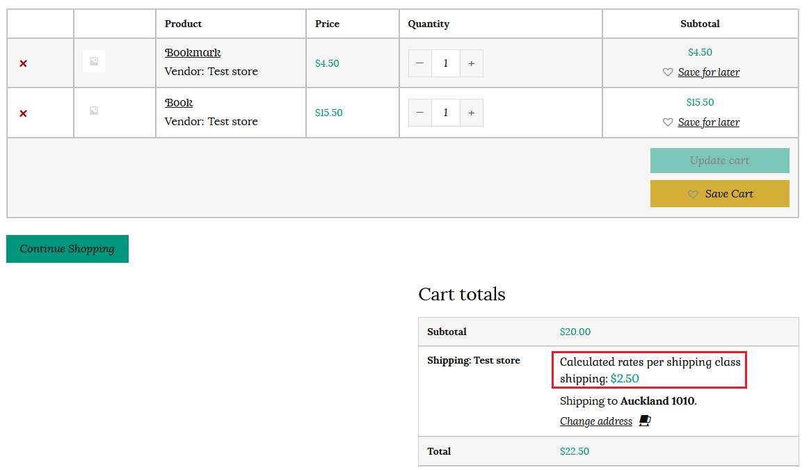 Calculated rates per shipping class example in cart
