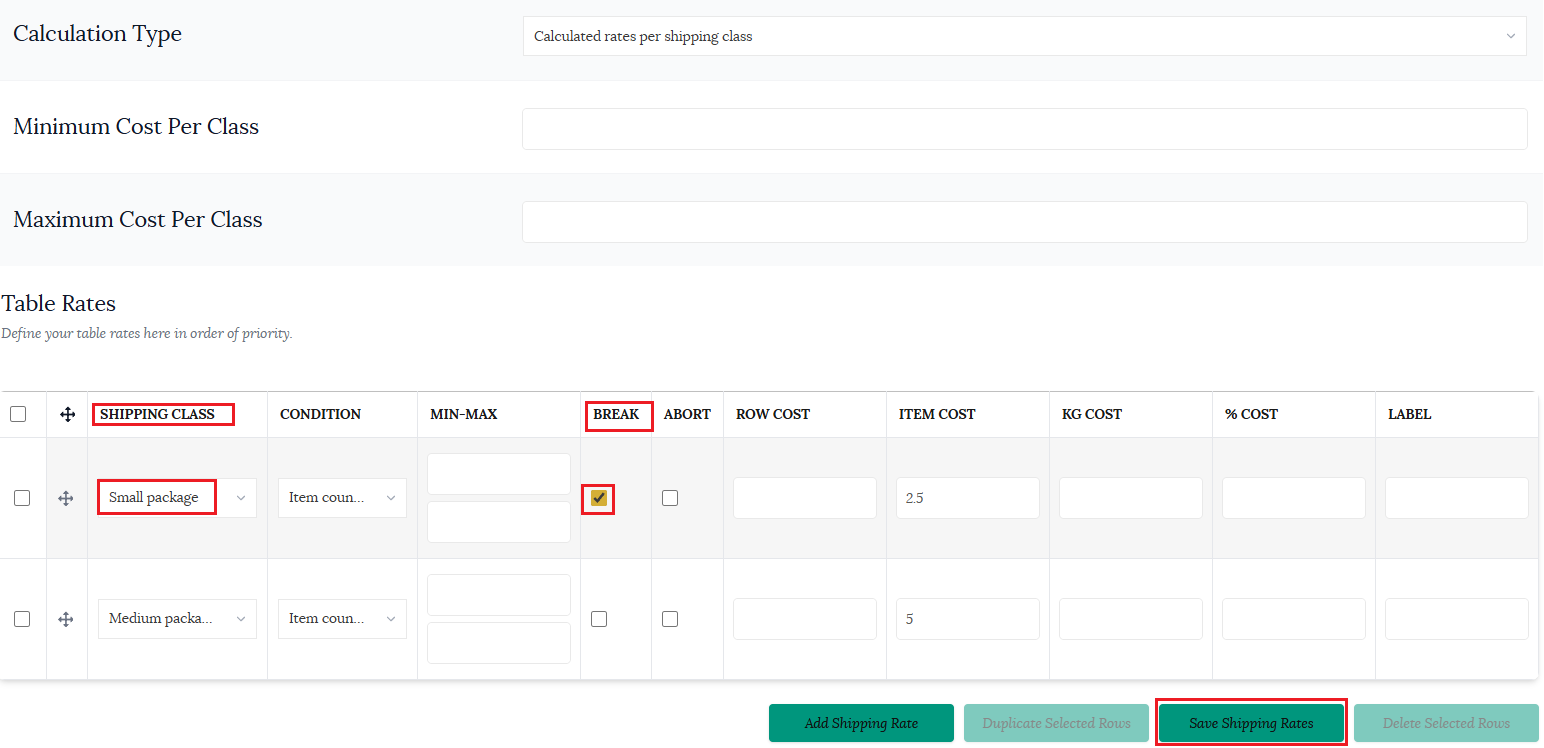 Calculated rates per shipping class example in table