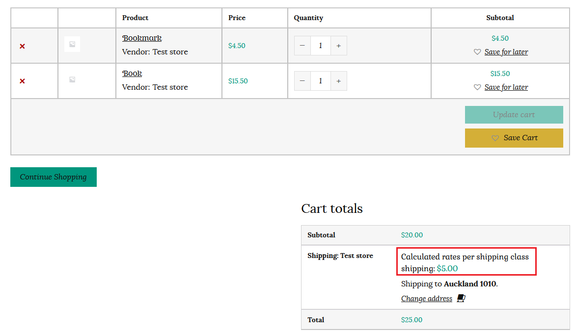Calculated rates per shipping class in cart example
