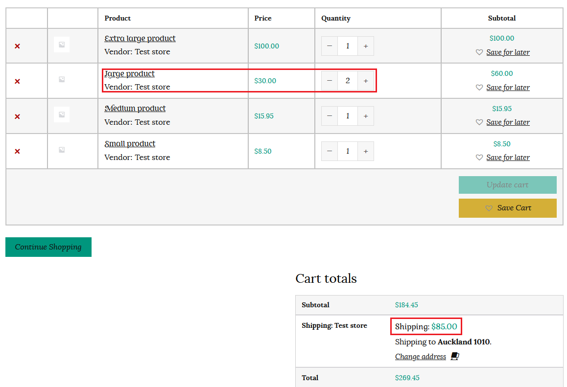 Cart example of calculated rates per shipping class