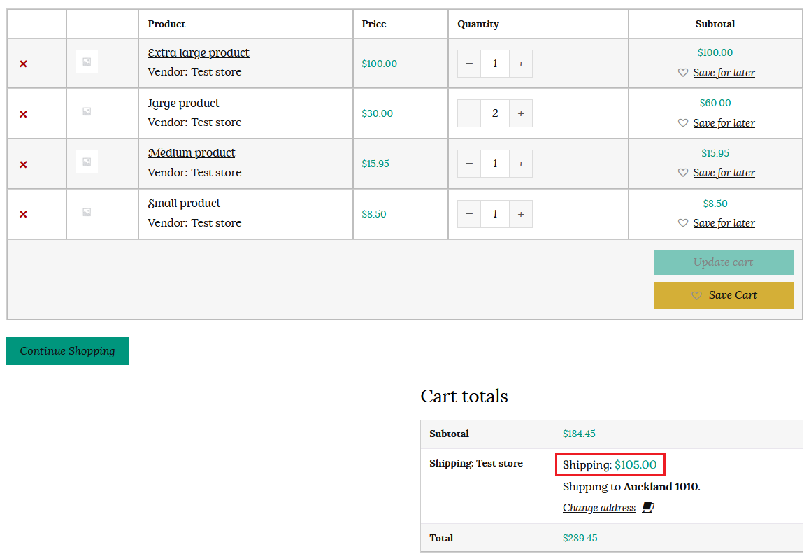 Cart example of item cost shipping selection