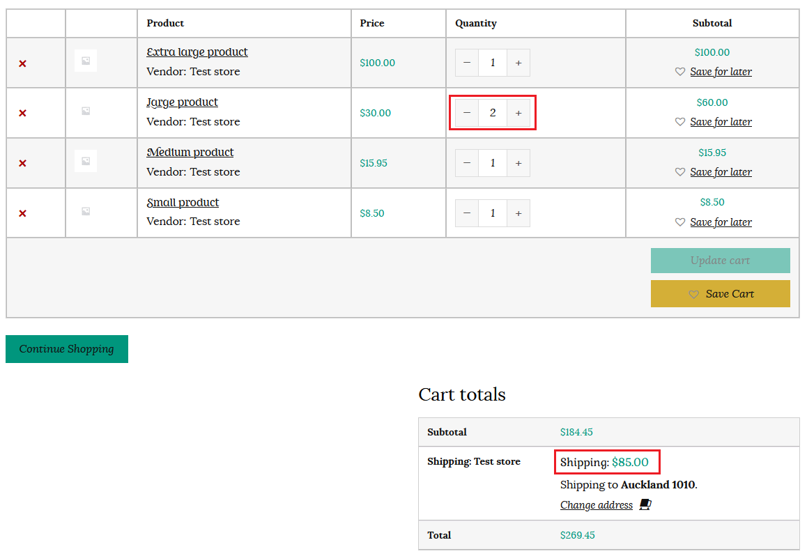 Cart showing calculated rates per line item