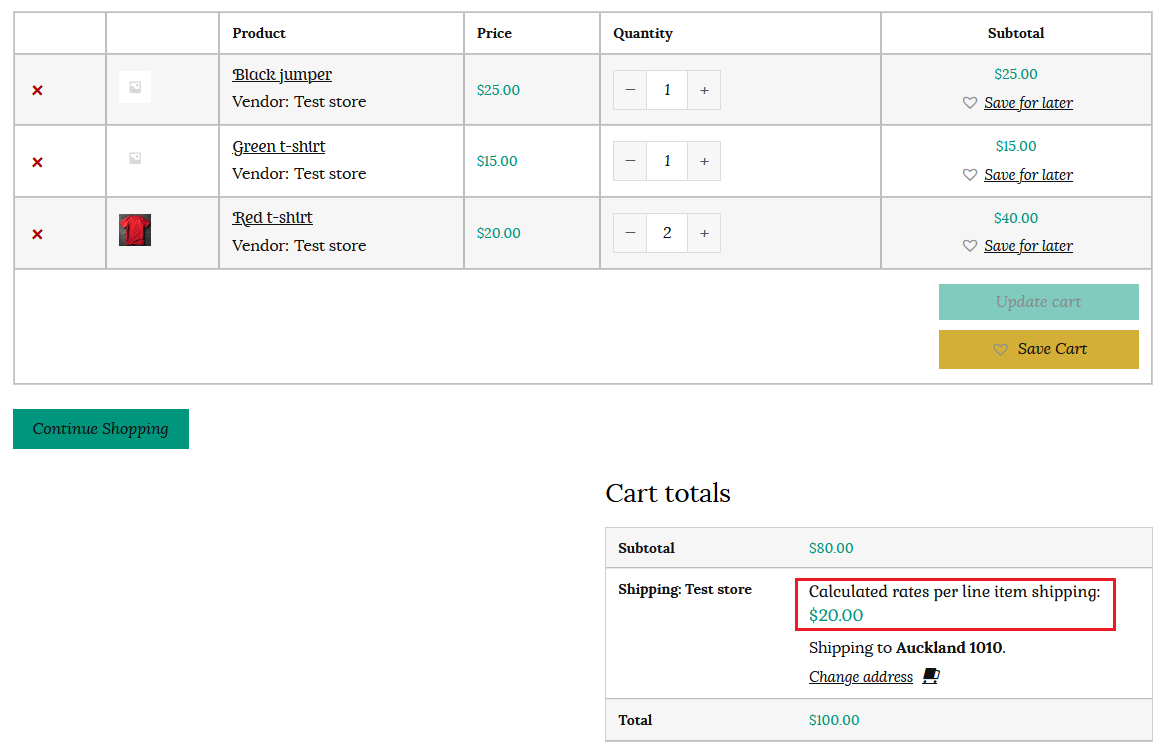Cart showing calculated shipping rate per line item