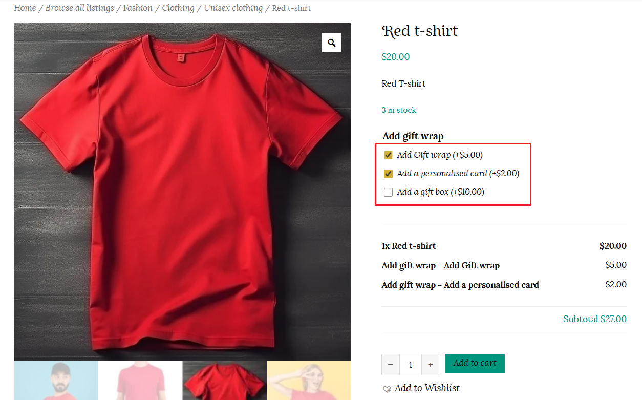 Checkbox addons on product page