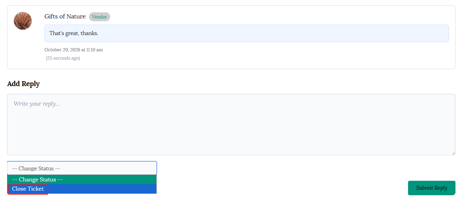 Close ticket in support tab