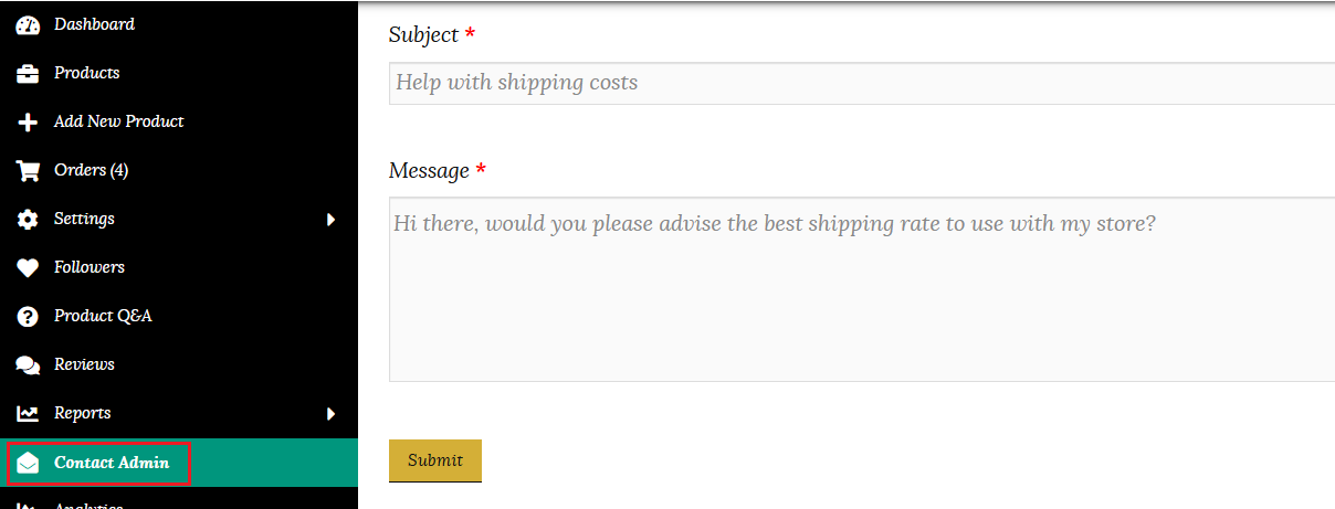 Contact Admin in vendor dashboard