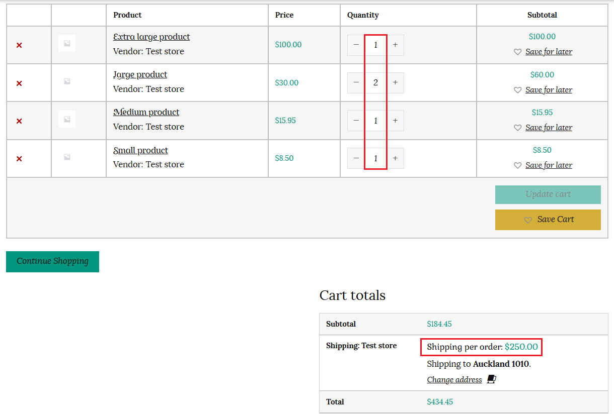 Customer cart showing item cost shipping