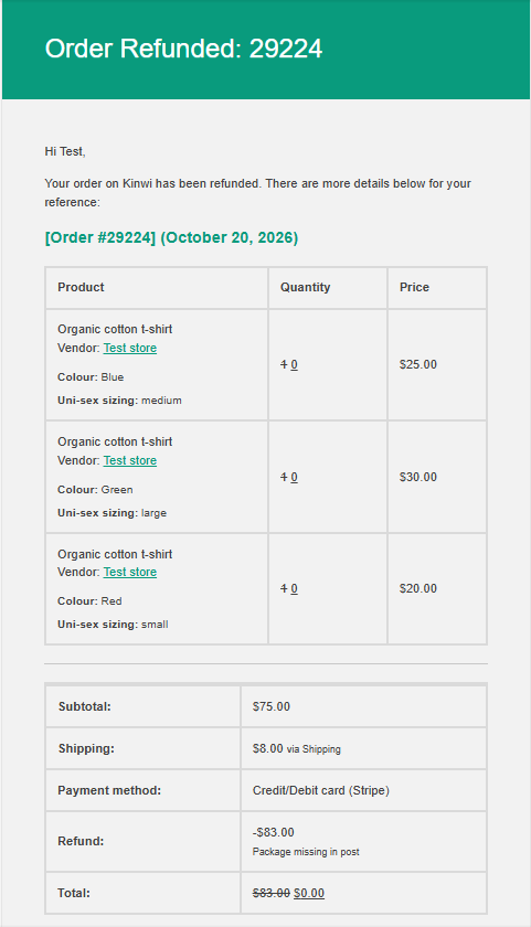 Customer email notifying of refund