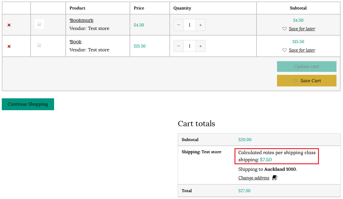 Example of calculated rates per shipping class in customer cart