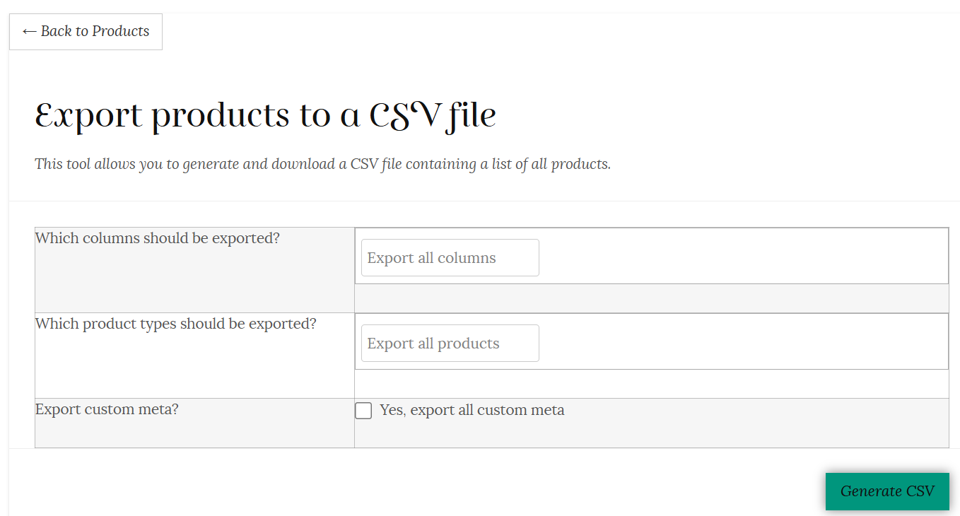 Export products to a CSV file
