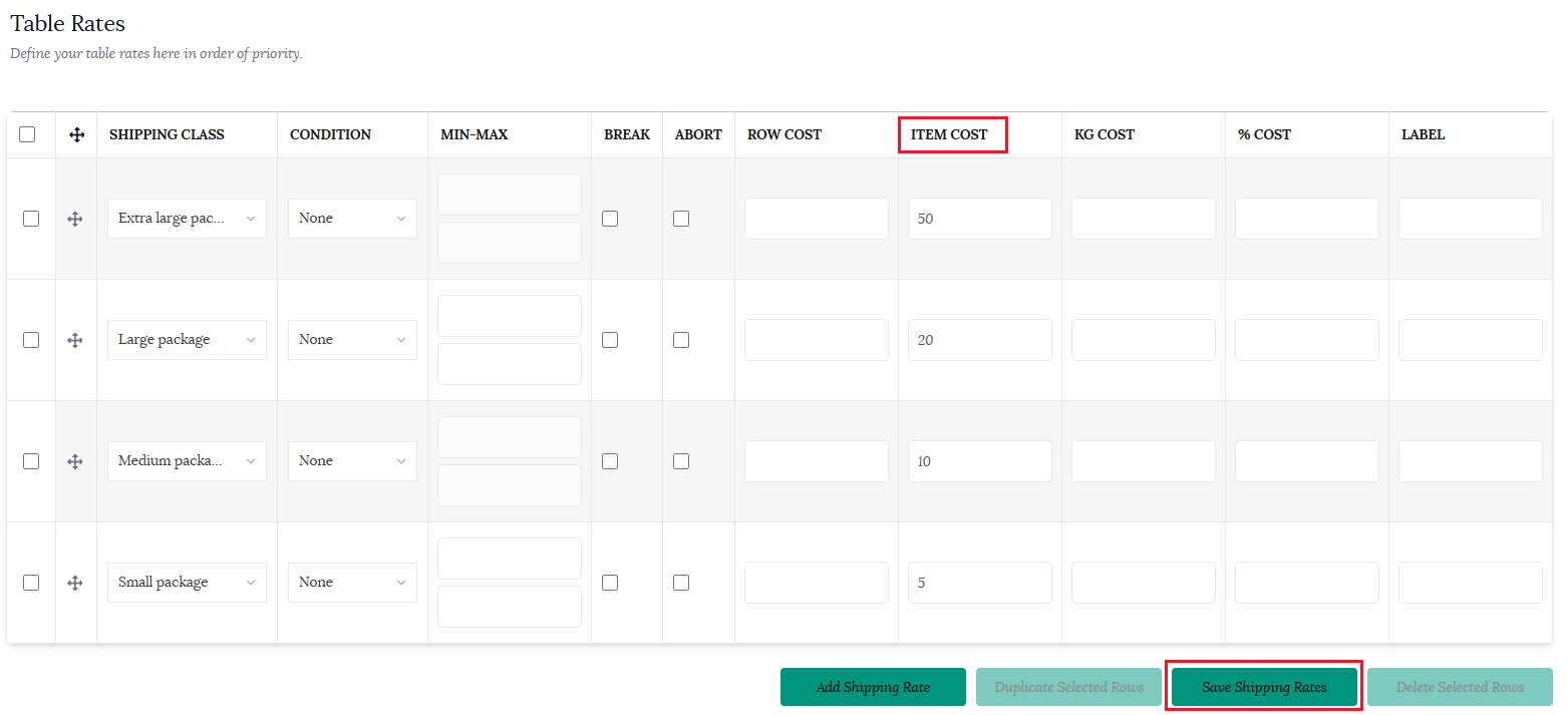 Item cost on table rate shipping