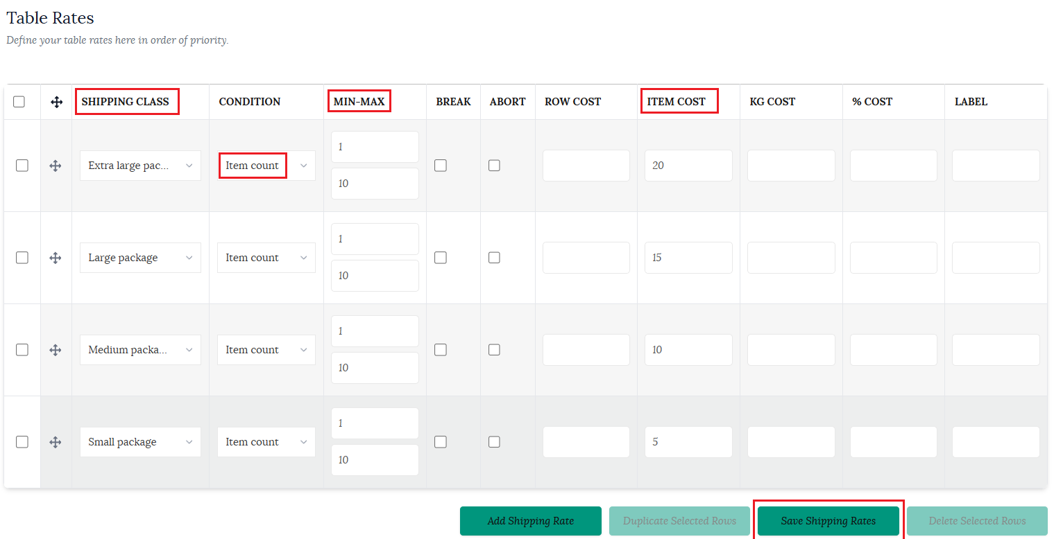 Item count as shipping condition table
