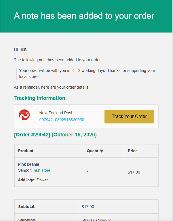 Note added to order email to customer