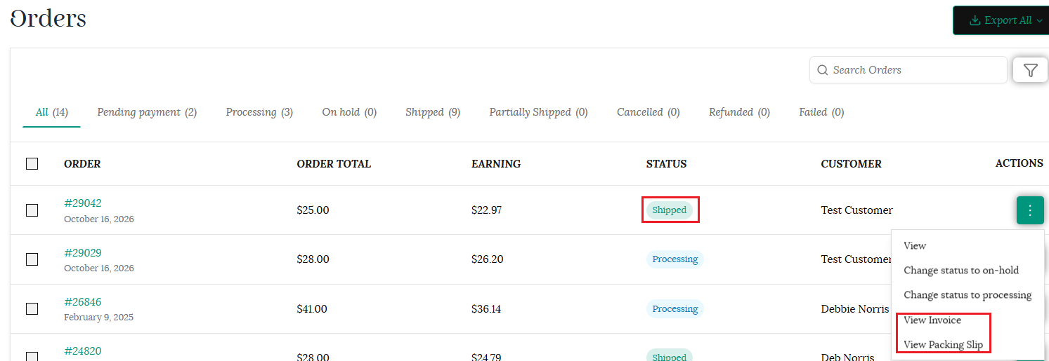 Order confirmed as shipped dropdown options