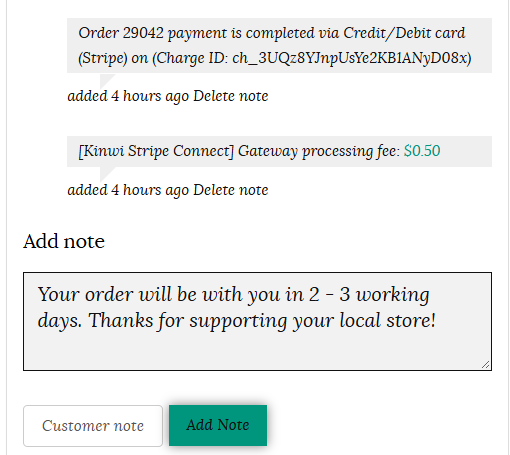 Order notes to customer in vendor dashboard