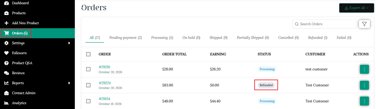 Order showing as refunded in orders list