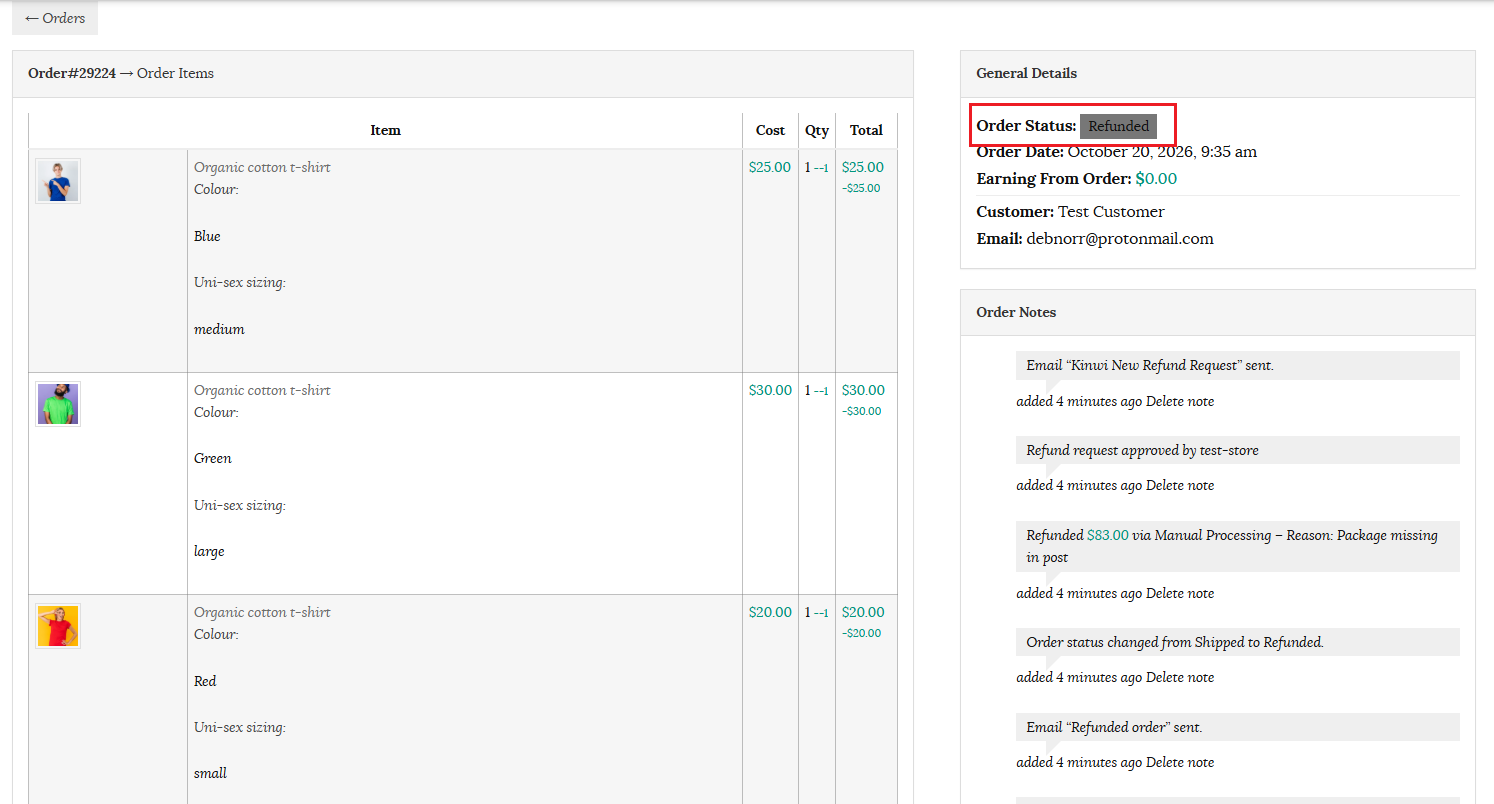 Order status refunded on order page