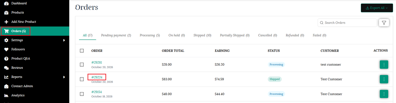 Orders in dashboard to process refund