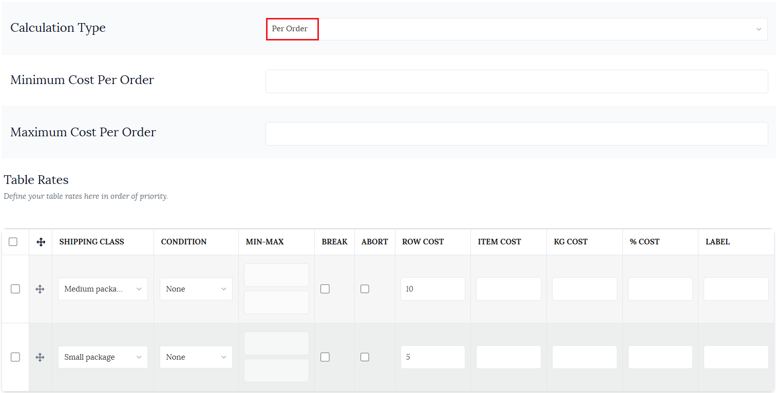 Per order shipping example