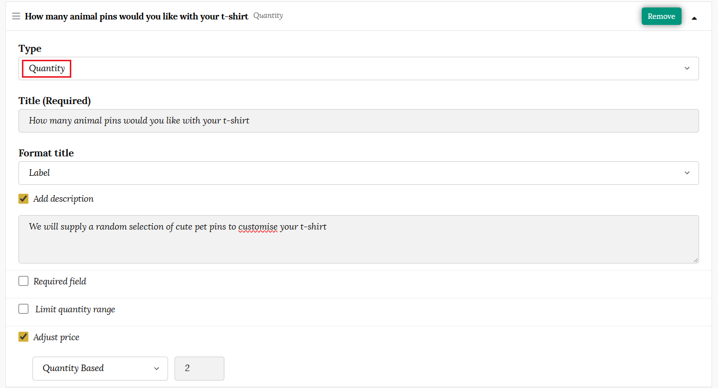 Quantity product addon form