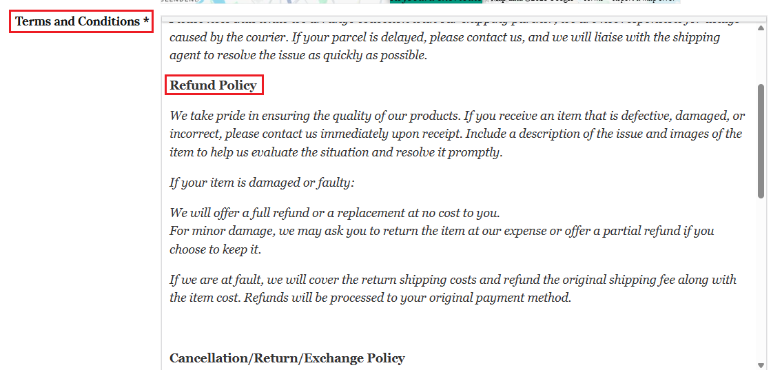 Refund policy in store settings