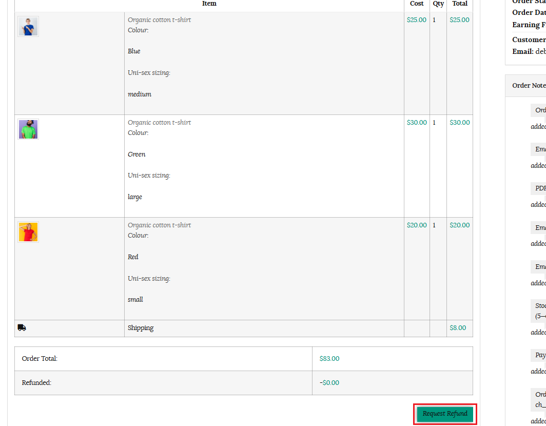 Request refund button in order page