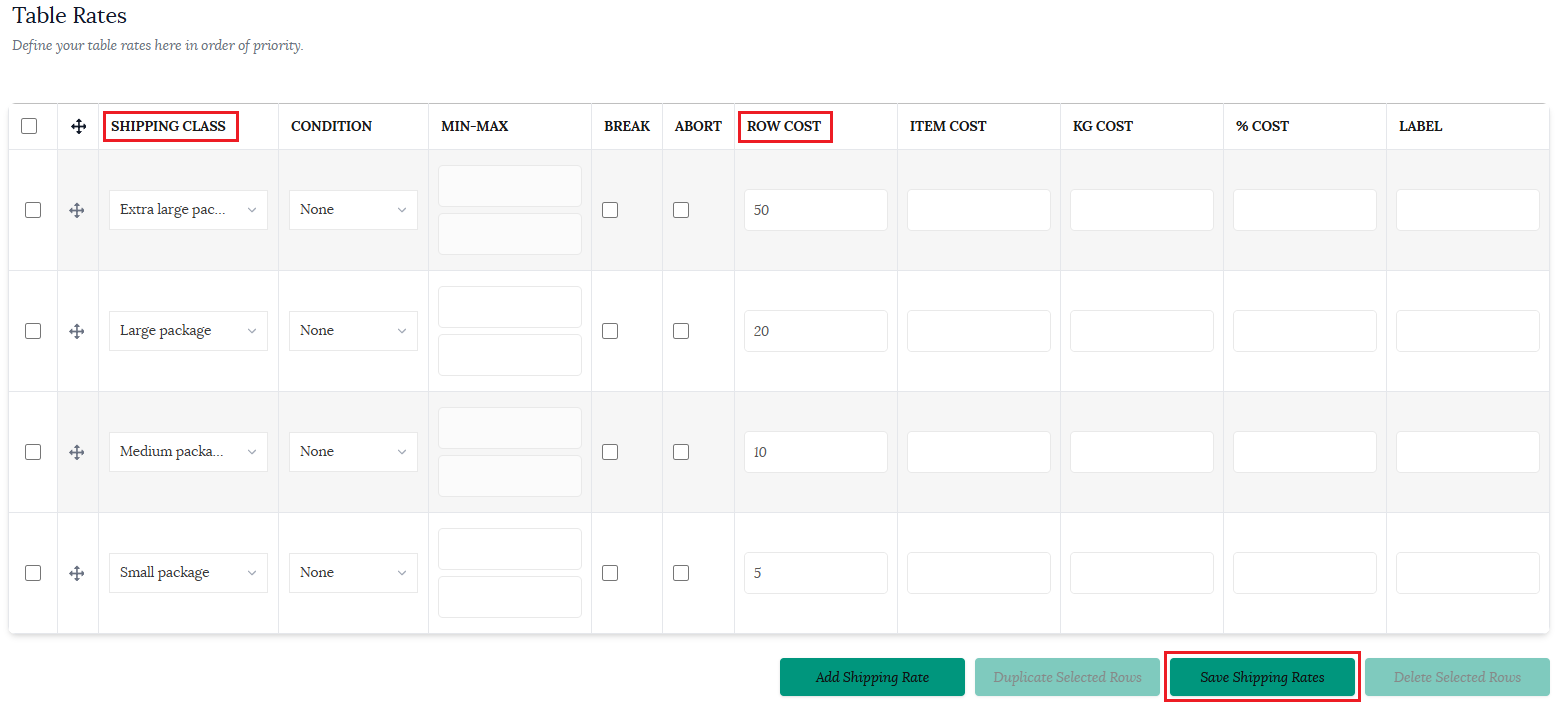 Row cost in shipping calculations