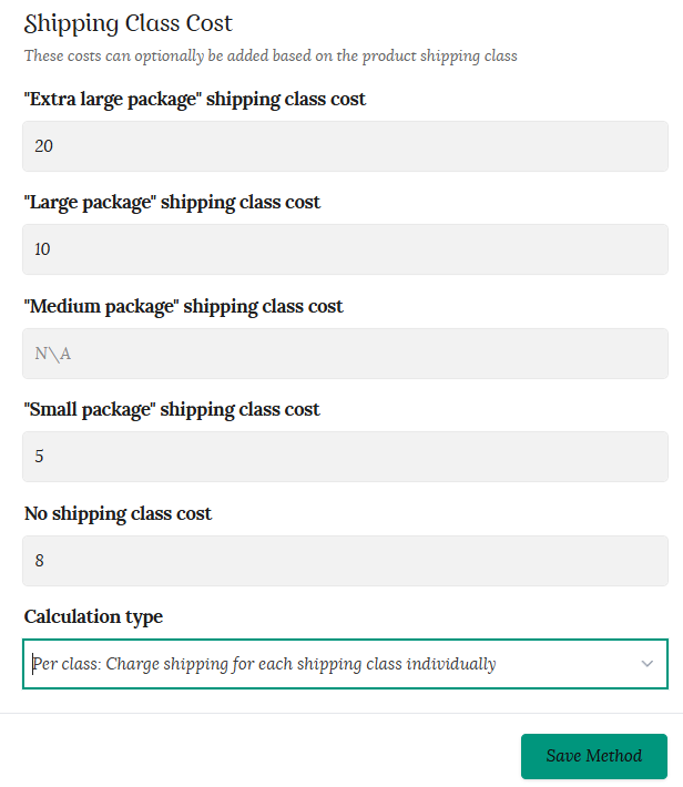 Shipping class cost example