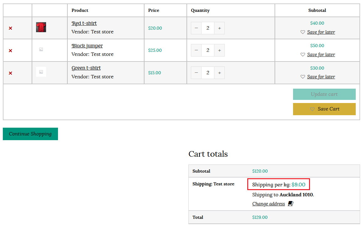 Shipping per kg example in customer cart