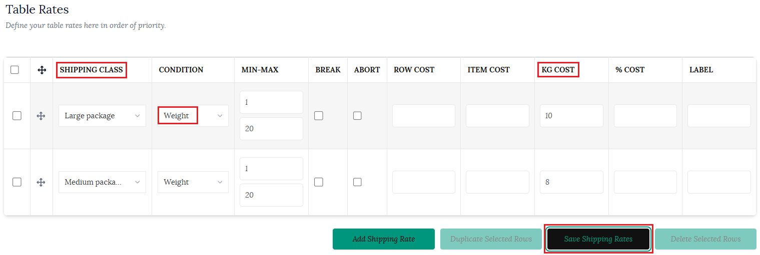 Shipping rates weight example table