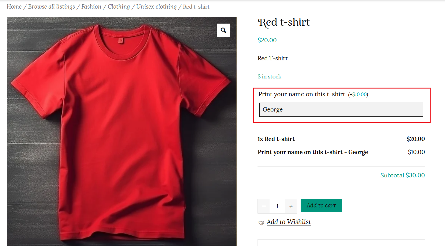 Short text addon shown on product page