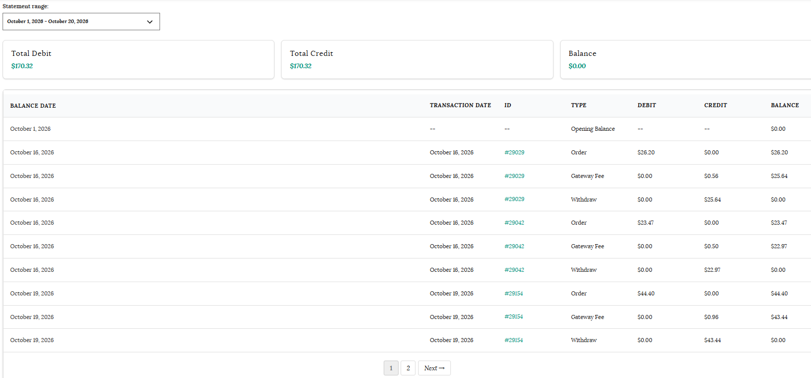 Statement example in vendor dashboard