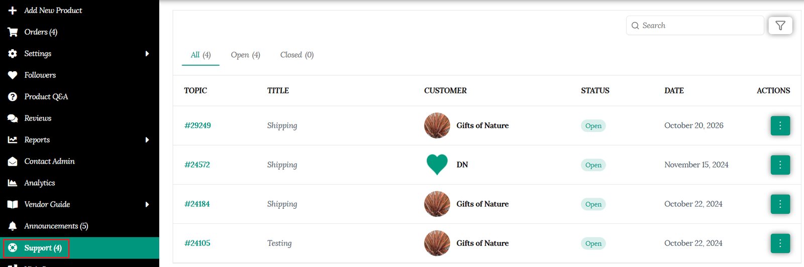 Support tab in vendor dashboard