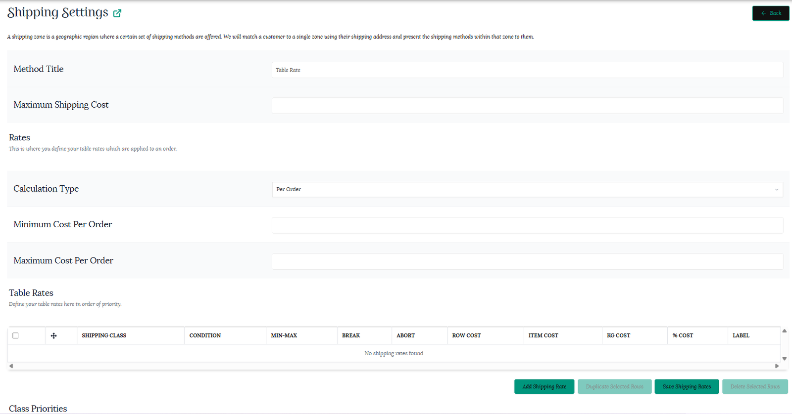 Table rate shipping form