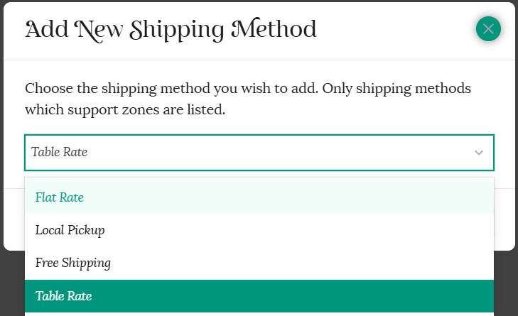 Table rate shipping method option