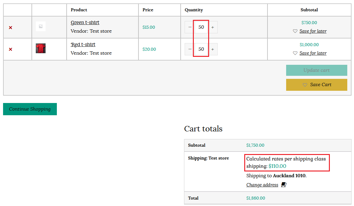 Toms shop cart example of calculated rates per shipping class