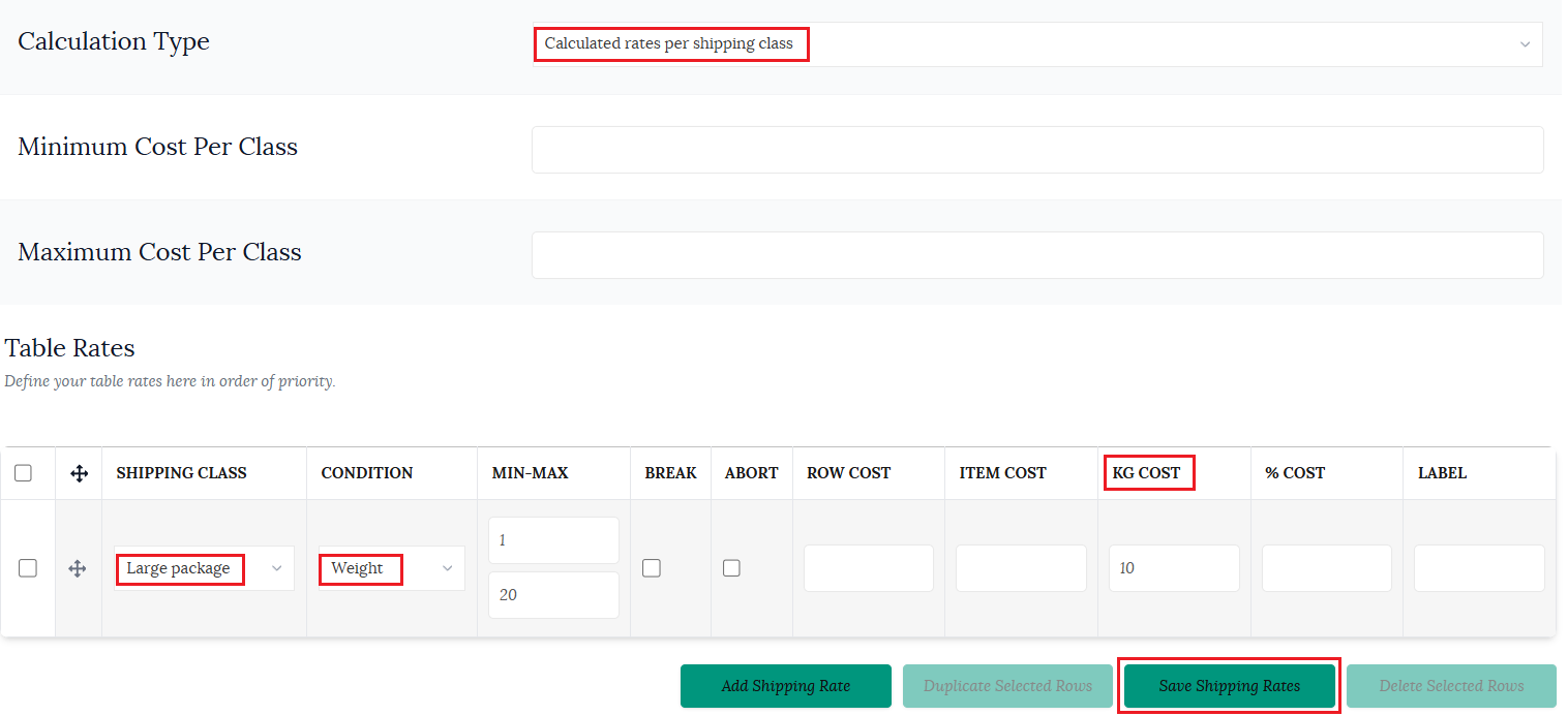 Using weight as calculated rates per shipping class