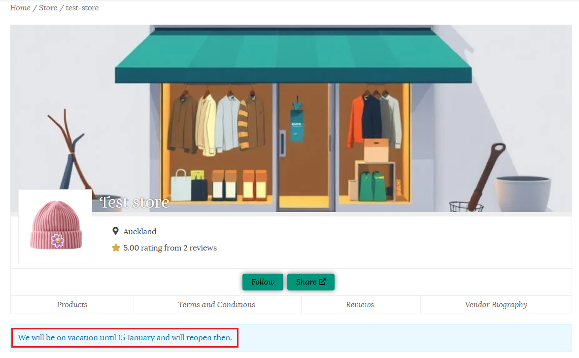 Vacation message on store page