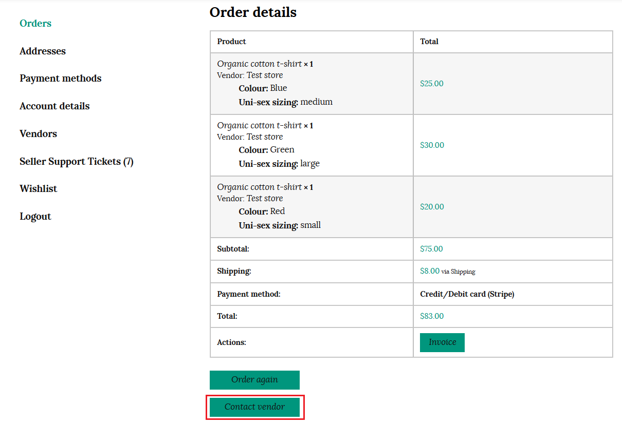 Contact Vendor Button In Order Details